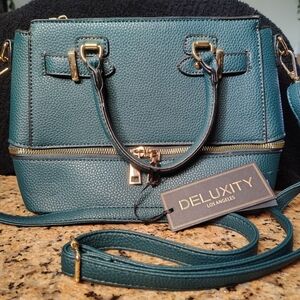 Deluxity | Teal Pebbled Leather Shoulder Bag with Top Handles
